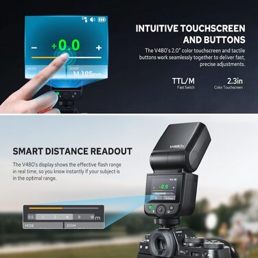 Спалах Godox V480-S для Sony: TTL, HSS 1/8000, GN50, сенсорний екран, Li-ion акумулятор, бездротовий 2.4G
