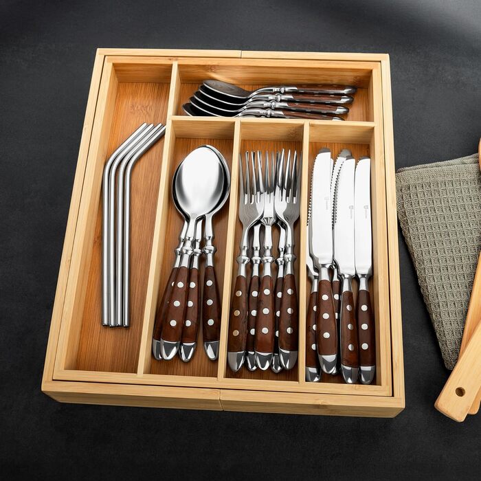 Органайзер для столових приборів Gräwe з бамбука для кухонних шухляд, змінний, розсувний 28.5-40.5 см, дерев'яний вигляд
