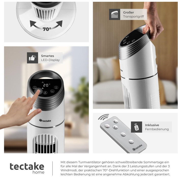 Турбо-вентилятор Tectake з пультом та таймером: тихий, мобільний, 3 швидкості, 31 x 90 см