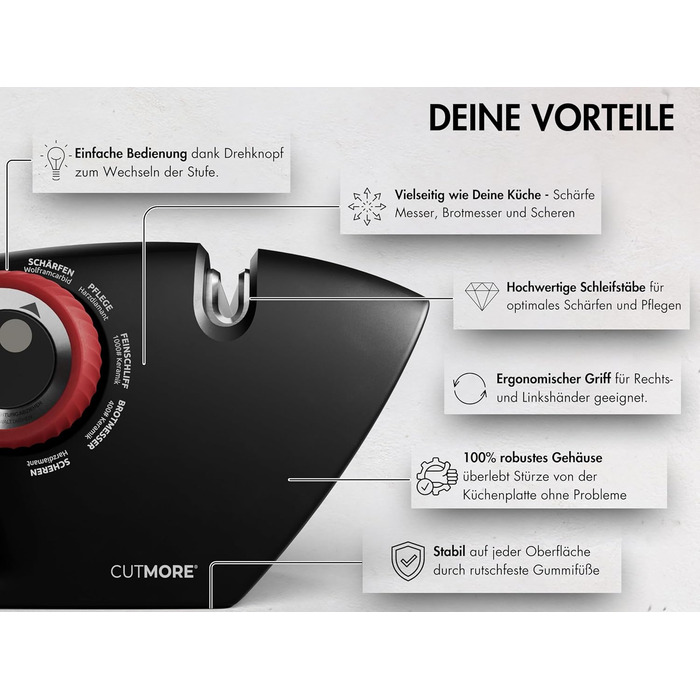 CUTMORE® Точилка для ножів Diamant - оригінальна 5-в-1 для ножів, ножиць та хлібних ножів - професійний кут прецизії, неслизька, проста у використанні, ефективна - відома у спільноті Hobbykoch OneSharp