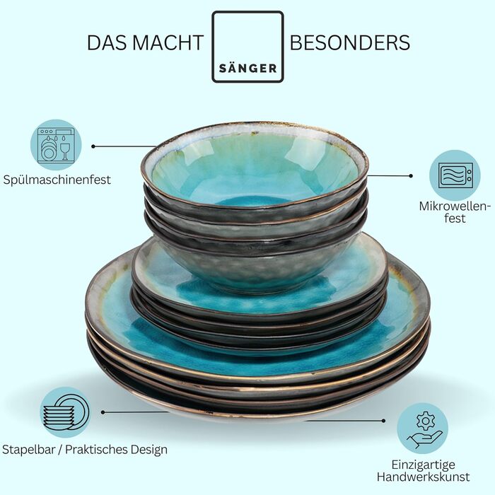 SÄNGER | Capri Dinnerware Set, 12-Piece, Plate Set for 4 People, Stoneware Dinnerware including Dinner Plates, Dessert Plates & Deep Plates, Turquoise Blue Tableware Set with Grey Rim | PREMIUM COLLECTION 12-Piece Dinnerware Set