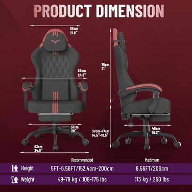 Геймерське крісло Ferghana Ergonomic: з підтримкою попереку, голови та підніжкою, регульоване, обертається, тканина льон (чорно-червоне)