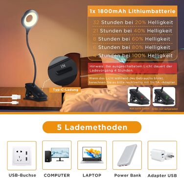 Нічник Akynite 3W на прищіпці, LED лампа для ліжка з акумулятором, USB-C зарядка, 5 кольорів, диммер, 28 LED, чорний