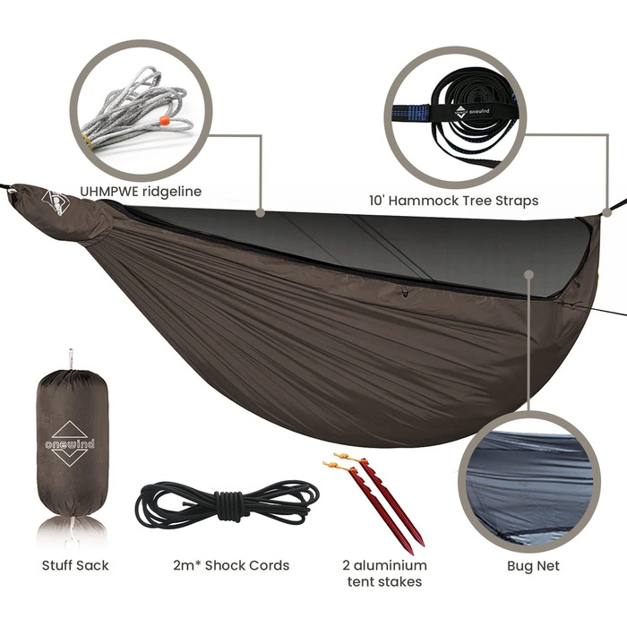 Onewind Premium 11' Camping Zippered Hammock, Single Portable Hammock with Mosquito Net and Tree Straps for Travel, Camping, Backpacking, and Hiking… (Braun, 335cm*162cm)