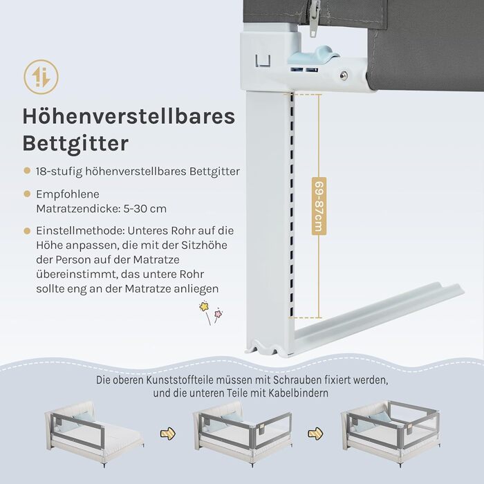 WOLTU Bed Rail, Bed Protection Rail for Children's Beds & Adult Beds, Retractable Child Bed Rail 180 cm, Fall Protection Height Adjustable 69-87 cm, Dark Grey 180cm Dark Grey