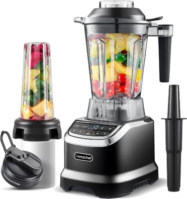 AMZCHEF Mixer Smoothie Maker - 2000W Blender - High-Performance Mixer with LED Timer - 6 Professional 3D Blades - 22000 RPM Stand Mixer - 1.85 Liter Bottle and 600ml Portable Bottle 2000W Black