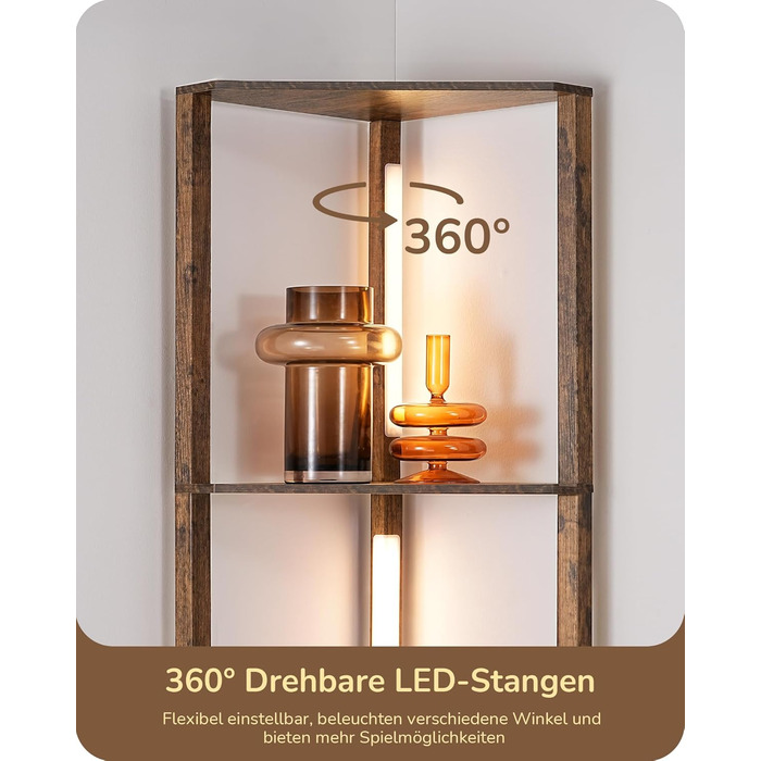 LED торшер EDISHINE з 4 дерев'яними полицями, регульоване освітлення, 3 колірні температури, поворотний світловий стержень, підсвічування полиць, футовий вимикач, вінтажний коричневий