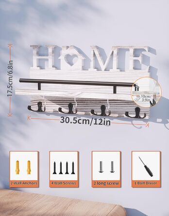 Дерев'яний органайзер для ключів з полицею на стіну - 7 гачків, Rustic дизайн (білий)