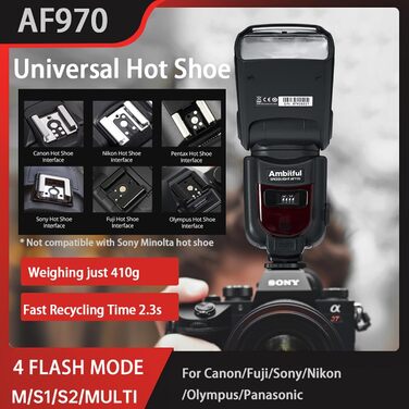 Спалах для камери AMBITFUL AF970: сумісність з Canon, Nikon, Sony, Olympus, Fuji, Panasonic, бездротовий, LCD-дисплей