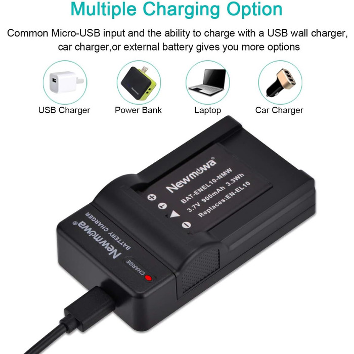 Запасний акумулятор Newmowa EN-EL10 (2 шт.) та портативний USB-зарядний пристрій для Nikon Coolpix S60, S80, S200 та ін.