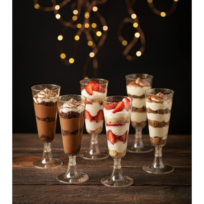 50 пластикових келихів для шампанського MATANA Premium з блискітками (150 мл) – багаторазові келихи для коктейлів, десертів та вина, ідеальні для вечірок та свят