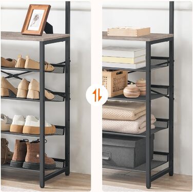 HOOBRO Coat Rack with Shoe Storage, Shoe Shelf with Coat Rack, Clothes Rack with 5-Tier Shoe Storage, Coat Rack with Shoe Cabinet, Adjustable Metal Grid Shelf, Greige EBG75MT01