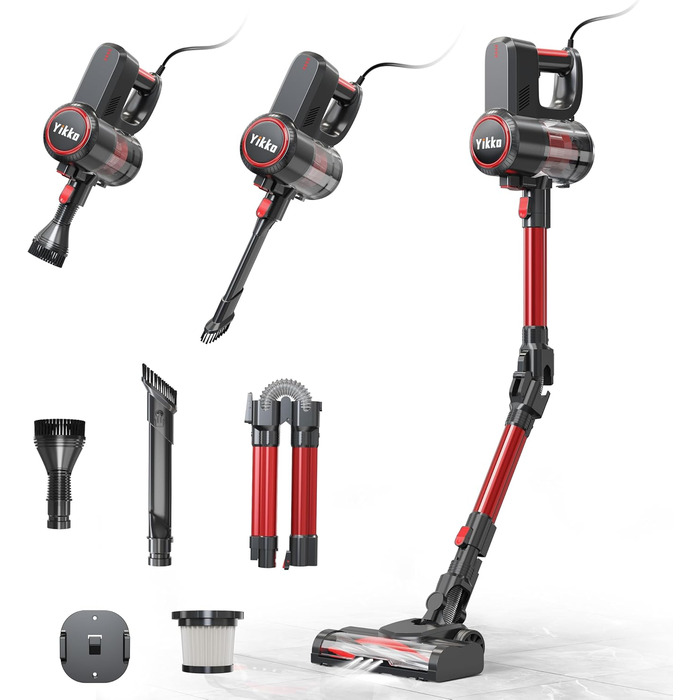 Yikko 3-в-1, пилосос 60KPa з потужним кабелем, електрична підміталка з гнучким шлангом, пилосос з LED-підсвічуванням, ідеально підходить для килимів/підлоги/волосся (Червоний-60)