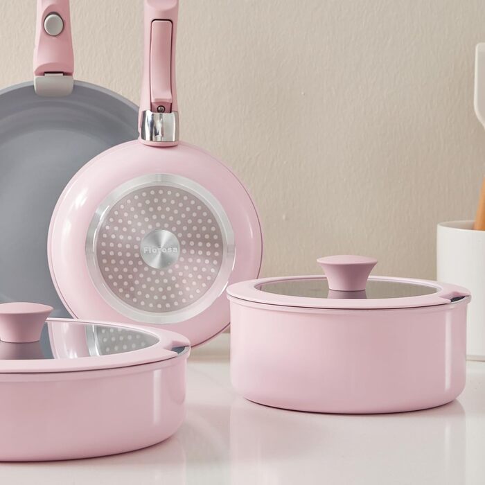 Набір посуду з кераміки 9 шт: сковороди та каструлі з антипригарним покриттям, Induktion та духовка, без PTFE та PFOA, кремовий (5 шт) рожевий