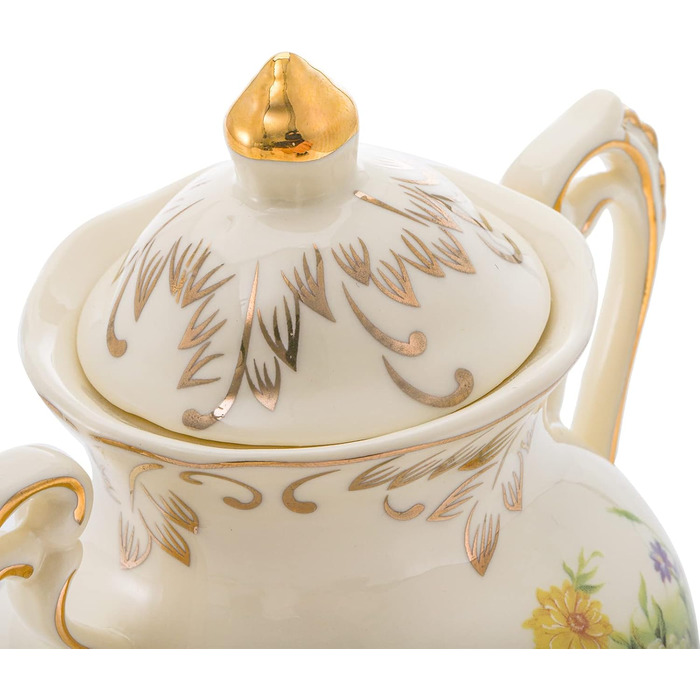 Foreigner's Zucker and Milchkännchen Set, Porcelain Ivory Coffee Serving Set Blossom Bushes Pattern Golden Leaves Edge Cream Pitcher and Sugar Bowl with Lid