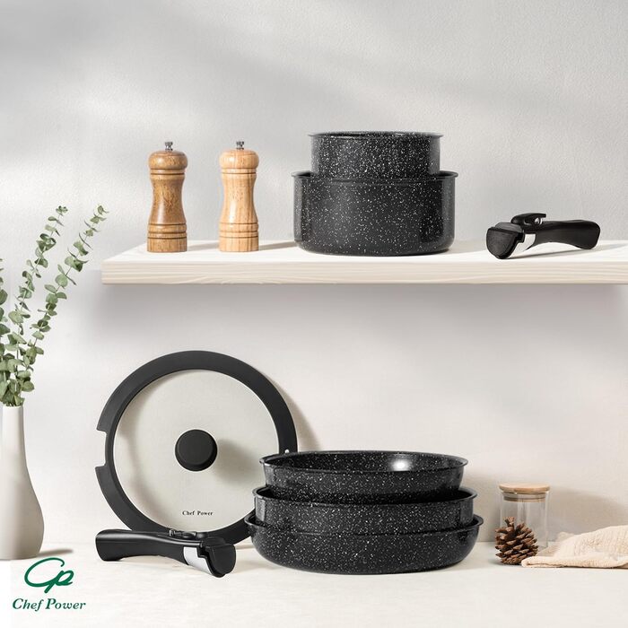 Набір посуду Chef Power Keramik Rock Stone Black 19 предметів з антипригарним покриттям, для індукції, посудомийної машини та духовки, знімні ручки