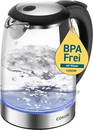 COSORI Glass Kettle, 1.7 Liter, Blue LED, BPA-Free, 2200 Watt, 5-Minute Boil Time, Overheat Protection, 360° Swivel, Kettle made of Borosilicate Glass with Stainless Steel Bottom and Filter