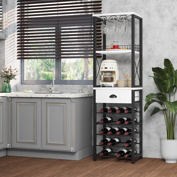 Homeiju Wine Rack, Freestanding Floor, Bar Cabinets for Liqueurs and Glasses, 4-Tier Bar Cabinet with Tabletop, Glass Holders, Storage Drawer, and Wine Storage for Living Room, Kitchen, (Vintage)
