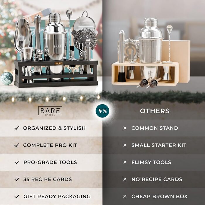Набір бармена BARE BARREL® для приготування коктейлів | 16 предметів | Шейкер, барне аксесуар, інструменти для дому | 35 рецептів | Подарунковий набір