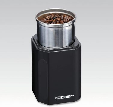 Cloer 7580 Electric Coffee and Spice Grinder, 200 W, for Pesto, Nuts and Grains, up to 70 g Coffee Beans, Removable Stainless Steel Container, Black