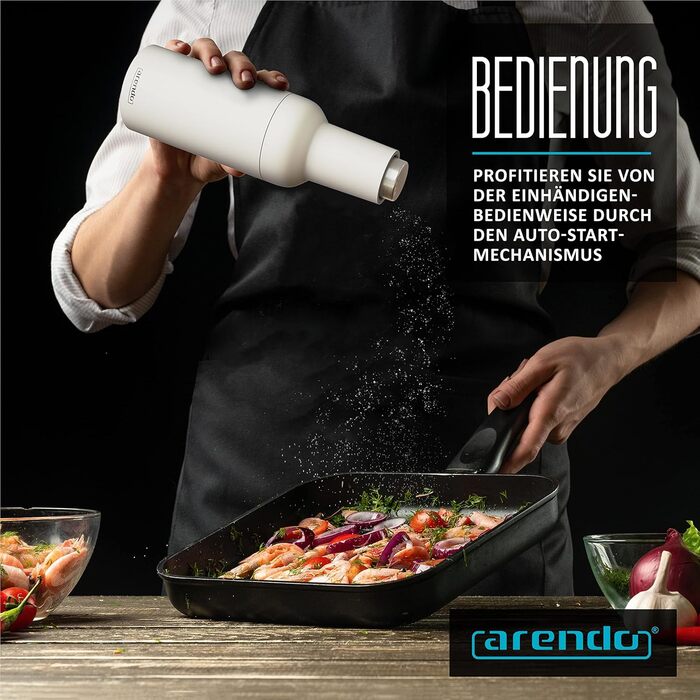 Arendo - Electric Salt and Pepper Mills - 2-Piece Set - One-Handed Operation - Grinds Automatically When Tilted - Battery Powered, Spice Grinder with Ceramic Grinder - Grind Sizes Infinitely Adjustable