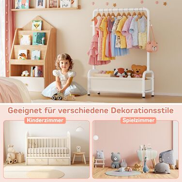 Дитяча вішалка для одягу Kinder Garderobe 80x30x125 см, біла. З гачками та кошиком для зберігання, U-подібна основа.