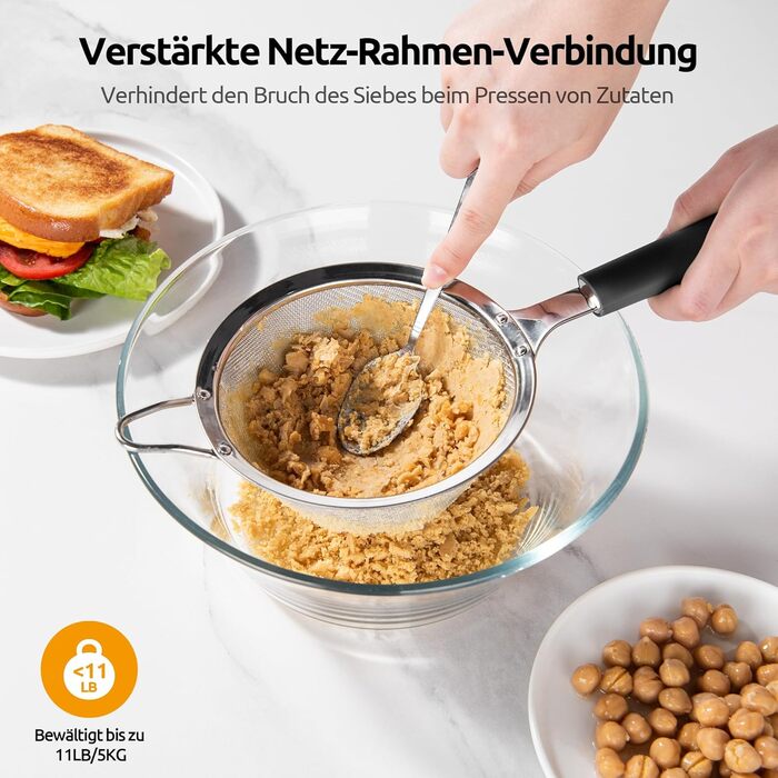 U-Taste Fine Mesh Sieve: Kitchen sieve made of 18/8 stainless steel, medium-sized metal sieve with a riveted, stable silicone handle for sifting flour, draining tea, rice, quinoa (Black, 12 cm)