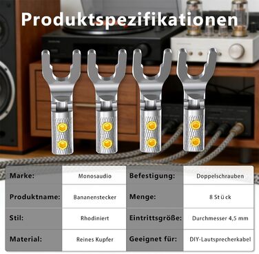 Конектори для акустичних кабелів Monosaudio SY1508R, позолочені (родий), Y-подібні плоскі клеми з гвинтовим затискачем, 8 шт. (для кабелів до 4,5 мм)