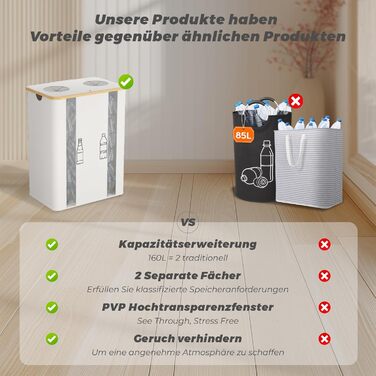 Laundry basket with 2 compartments, deposit bottle collection container with lid, container for deposit bottles, glass recycling, and paper waste collection, deposit bottle container bamboo with bag, must-have (Beige/Cream, XXL)