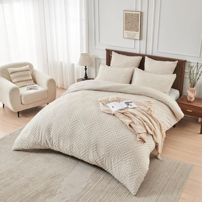 Богемна постільна білизна Boho 135x200 бежевого кольору з туфетою, геометричний візерунок, мікрофібра, комплект 2 шт. (135x200 + 80x80)