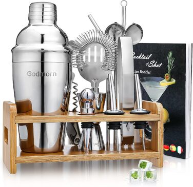Cocktail Set, Godmorn Stainless Steel Shaker Set, 15-Piece Bartender Set with Improved Bamboo Stand, Recipe Book, Measuring Jigger, and Bar Spoon, 550 ml Gift Set for Home or the Bar