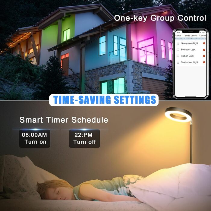 LED торшер, 42W, 16 мільйонів кольорів RGBCW, WiFi, Smart, двосторонній, для вітальні, сумісний з Alexa/Google Home, синхронізація з музикою, регульована яскравість, торшер для читання в спальню, RGB-42W