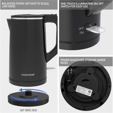 Електричний чайник Cooktron з нержавіючої сталі, 1.7л, тихий (<30дБ), без BPA, Cool Touch, подвійні стінки, швидке нагрівання, чорний