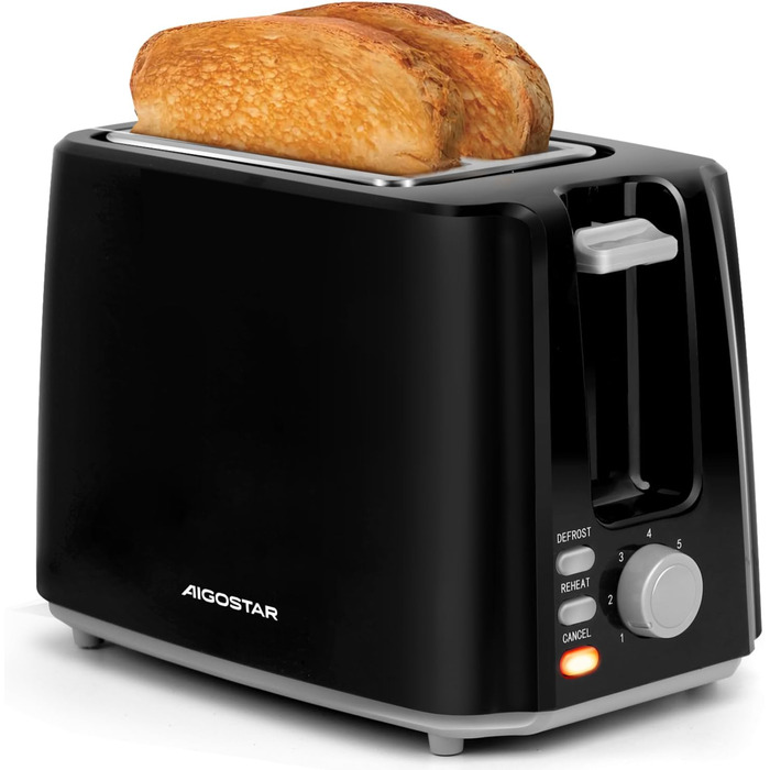 Тостер Aigostar 750W з 7 рівнями підсмажування, функціями розморожування та підігріву, 2 слоти для тостів, чорний