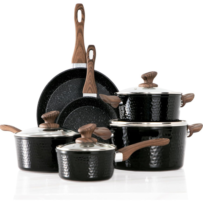 Induction Cookware Set, 15-Piece, Cookware Set with Glass Lids, Granit Cookware and Frying Pan Set Black Aluminum