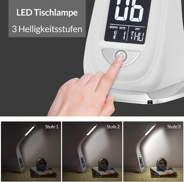 Лампа настільна LED Monzana з годинником, будильником, термометром, календарем, регулюванням яскравості. Біла