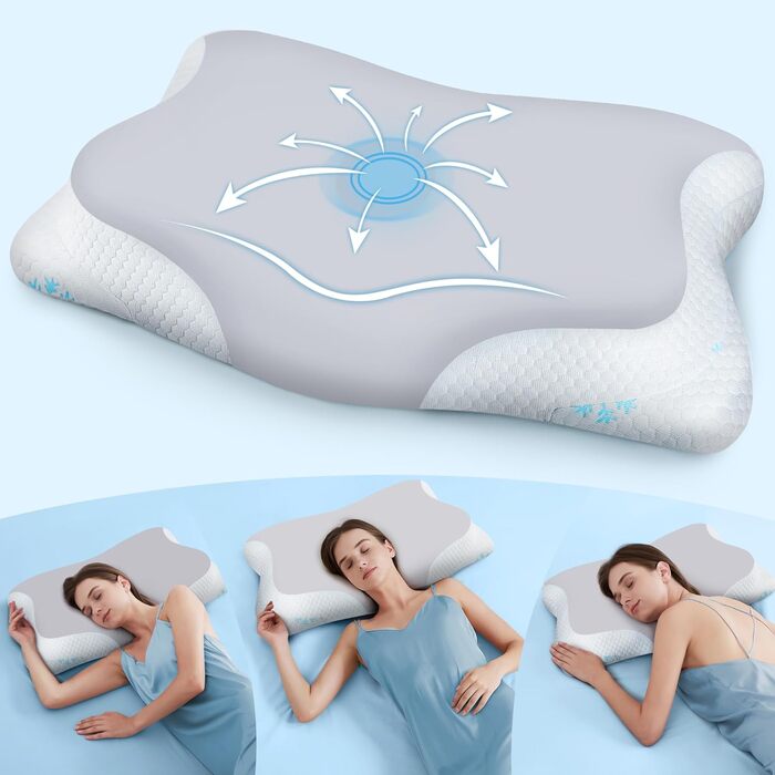 Ортопедична подушка CloudÉtoile з Memory Foam - 2-в-1. Ергономічна подушка для сну на боці, спині та животі. Підтримка шиї. Білий колір (64x38x12 см, сірий)