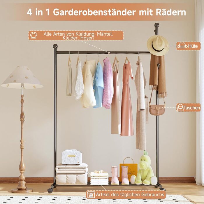Innotic 4-in-1 Multifunctional Clothes Rack with Wheels, Shelf, and Coat Rack for Entrance, Living Room, Bedroom (Classic Black)