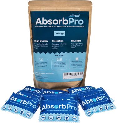 Absorb Pro Rechargeable Moisture Absorber Bags, 10 Pack, 100g, Reusable Moisture Absorbers, Silica Gel Packets for Trash Cans, Gym Bags, Gun Safes, Food Storage