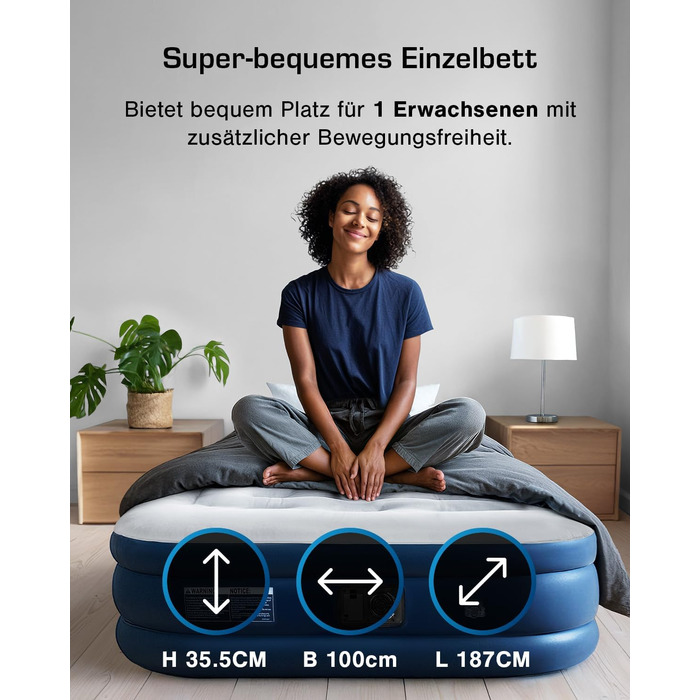 Активна Ера Преміум Надувний Матрац для Сну 1 Особа з Електричною Помпою та Вбудованим Подушкою, 99x188x36.5 см - для кемпінгу та гостей