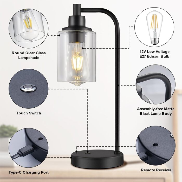 Акумуляторна настільна лампа бездротова з пультом, сенсорне регулювання яскравості, скляний плафон, нічник для спальні та вітальні, чорна