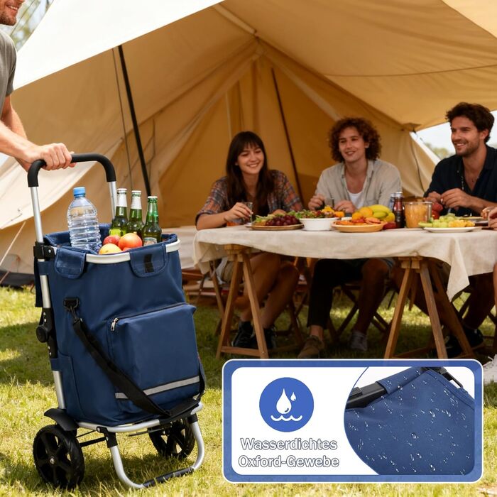 Тролей для покупок Sekey 60L, 3-в-1, складна, з алюмінію, регульована ручка, з відділенням для їжі та напоїв, великий, для покупок та кемпінгу (Блакитний)