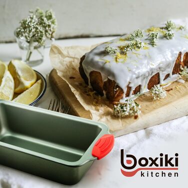 Loaf Pan - Premium Non-Stick Loaf Pan Made of Steel by Boxiki Kitchen | Professional Non-Stick Baking Pan for Baking Banana Bread, Meatloaf, and Pound Cake | 21.5 x 11.5 cm, with Red Silicone Grips