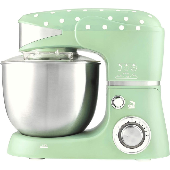 Kalorik TKG M 3014 MI Design Kitchen Machine with 5 Liter Stainless Steel Bowl, Die-Cast Mixing and Dough Hooks, 6 Speed Settings, Stainless Steel Whisk, Powerful 1000 Watt, Mint