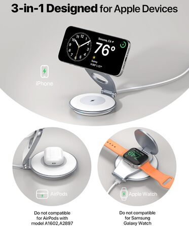 Сумка-органайзер для зарядки MagSafe: Складна зарядка для Apple, індукційна зарядка для iPhone 16/15/14/13/12, зарядка для Apple Watch та AirPods (з 30W адаптером), білий колір