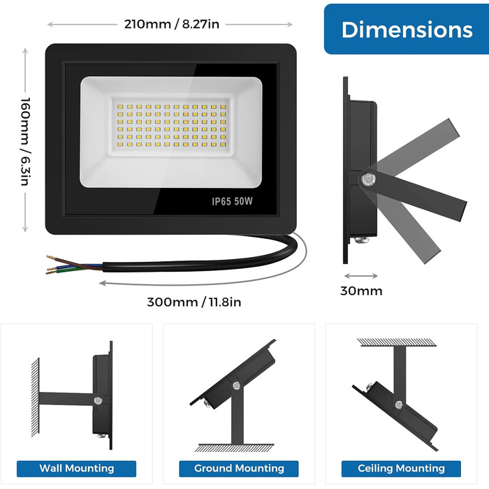Світлодіодний прожектор для вулиці 10000Лм, 50Вт, 144LED, IP65, 6500K, водонепроникний ліхтар для саду, гаража, подвір'я
