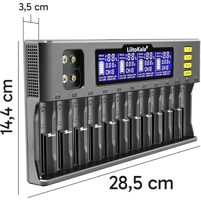 Зарядний пристрій Retoo для акумуляторів AA, AAA, 9V NI-MH/NI-CD, Li-ion 3.70V/3.80V, LiFePO4 3.20V, 12 слотів, швидка зарядка з LCD дисплеєм, чорний