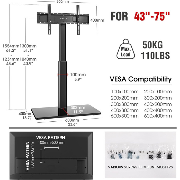 Регульований підлоговий кріплення для телевізора 100-190 см (43-75 дюймів), чорний