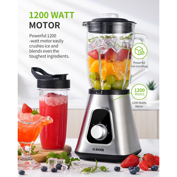 GDOR Standміксер 1200W з 1,5л скляною колбою та 650мл стаканчиком для напоїв. 3 швидкості, для смузі, шейків, соусів. Професійний міксер GDOR