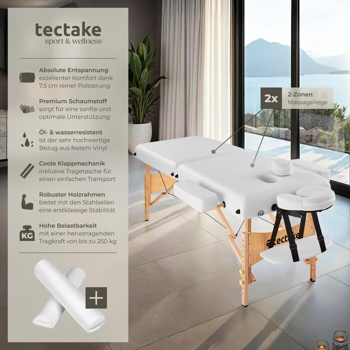 Масажний стіл Tectake з 2 зонами, складний, з 7,5 см підкладкою, мобільний, з підголівником та підлокітниками, масажна кушетка з дерев'яними ніжками, 2 ролики, сумка для перенесення - (Білий)
